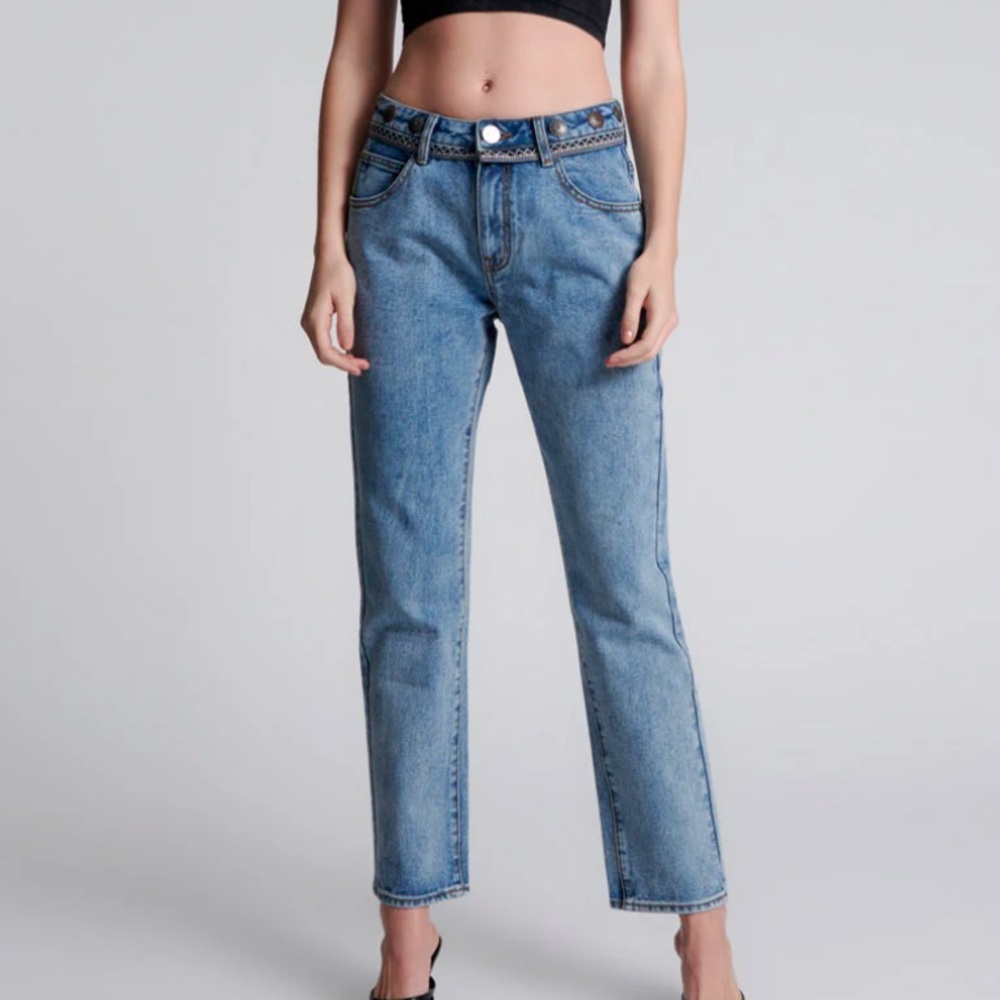 One Teaspoon x Free People Trucker Mid Waist Straight Leg Blue BohoDenim Jean 29